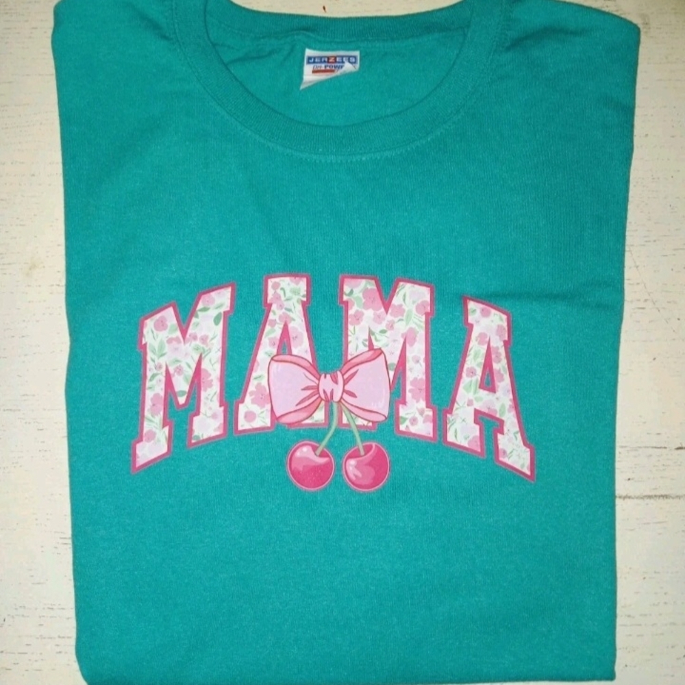 NEW! 'Mama w/Ribbon & Cherries Jerzees Women's  Graphic T Shirt Sz Large